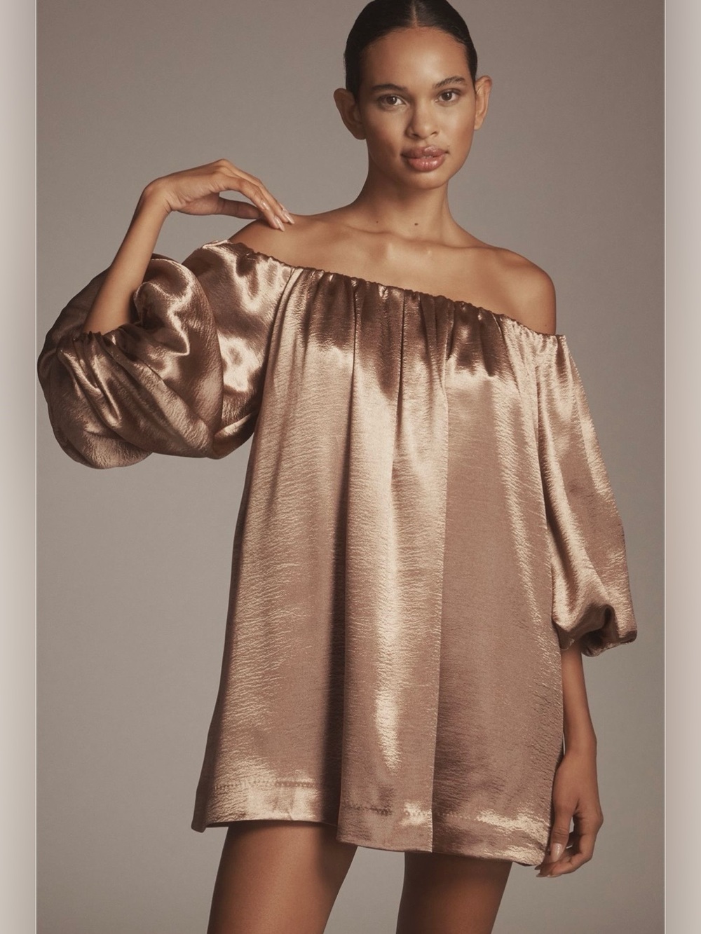 Mare Mare off the shoulder puff sleeve shine mini dress